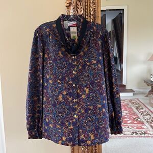 Vintage 70s Judy Bond Women’s Blouse Sailor Collar Tie Red Paisley Size 14 XL